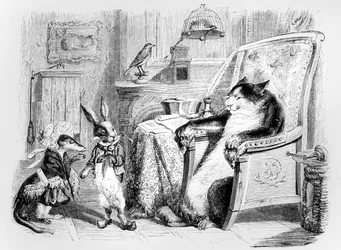De kat, de wezel en het kleine konijn, illustratie voor Fabels van La Fontaine (1621-95), uitgegeven door H. Fournier Aîné, 1838