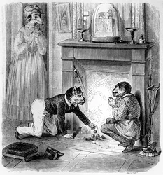 De aap en de kat, illustratie voor La Fontaines „Fabels” (1621-95), uitgegeven door H. Fournier Aîné, 1838