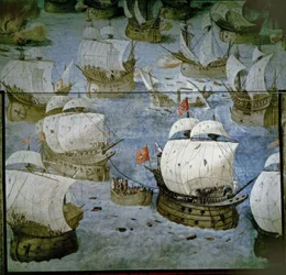 Zeeslag bij de Azoren (1571) – Verovering van het derde eiland – Frescoschildering 1585 – Gerestaureerd