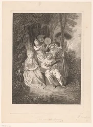 Parklandschap met theaterfiguren die een serenade brengen aan een dame