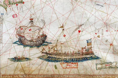 Detail van schepen met hoge masten uit de Nautische Kaart door Grazioso Benincasa