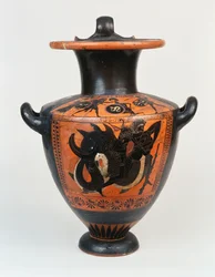 Een Attische zwart-figuur hydria met Athena en Herakles in gevecht, en hieronder, Herakles worstelend met Nereos, ca. 520 v.Chr.