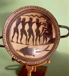 Beker die Ulysses toont die Polyphemus verblindt, zwartfigurig aardewerk, Griekenland, Griekse beschaving, 6e eeuw v.Chr.