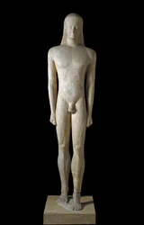 Griekse kunst: beeld van een kouros, sculptuur van een jonge man uit de archaïsche periode (650-500 v.Chr.), 530-520 v.Chr. Uit Melos. Afmetingen: 1,94 m. Athene, Nationaal Archeologisch Museum