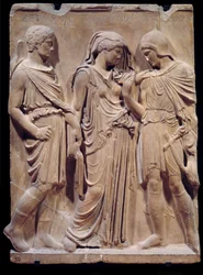 Griekse oudheid: het afscheid van Orpheus van Eurydice die Hermes terug naar de onderwereld brengt