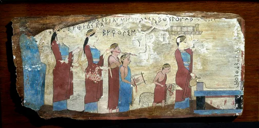 Griekse oudheden: offer van een lam. Houtschildering uit Sicyon in de Golf van Korinthe. 6e eeuw v.Chr. Athene, Nationaal Archeologisch Museum