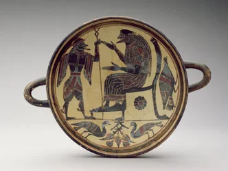 Laconische kylix beker die Zeus en Hermes afbeeldt, c.550-530 BC