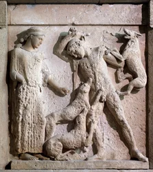 Magna Graecia: metope met Artemis en Actaeon, stenen reliëf, 5e eeuw v.Chr.