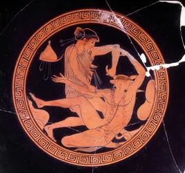Minotaurus gedood door Theseus - Griekse vaas bewaard in het Archeologisch Museum van Florence. Binnenzijde van de roodfigurige pentische beker, Dokimasia-schilder. 480 v.Chr.
