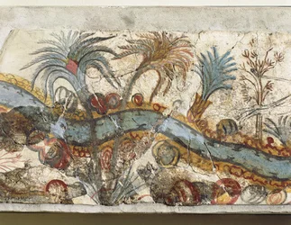 Fresco met een rivierlandschap, uit Akrotiri, eiland Thera, Santorini, Griekenland, detail