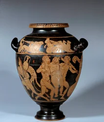 Griekse kunst: Attische stamnos in keramiek met rode figuren. Dionysische scène. Schilder van Danae