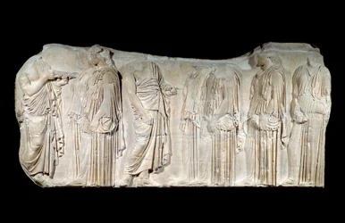 Griekse kunst: fragment van de fries van het Parthenon: processie van het feest van de Grote Panatheneeën: autorisatoren en ergastines. Klassieke periode. Parijs, Louvre Museum