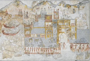 Miniatuur fresco die een vloot toont die de haven verlaat, uit het westelijke huis van Thera of Santorini, Griekenland
