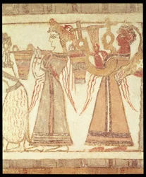 Rituele aanbiddingsscène, mogelijk betreffende de verering van de doden, detail van decoratie op een sarcofaag uit een graf in Ayia Triada, Kreta, Laat-Minoïsche periode, ca. 1390 v.Chr.