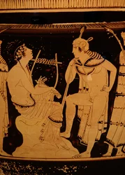 Orpheus onder de Thraciërs, Attische rode figuurzuil Krater, ca. 440 v.Chr. (keramiek)(