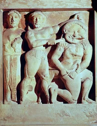Reliëf met Perseus die Athena helpt de Gorgon te doden, metope uit de tempel van Selinunte, Sicilië (steen)