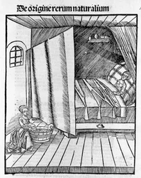Een vroedvrouw reinigt de pasgeboren baby terwijl de moeder rust. Gravure in “Margarita Philosophica” door Gregor Reisch (1467-1525), Basel