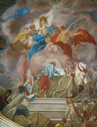 Een genie beveelt een groep Oostenrijkse generaals aan bij Minerva, godin van de militaire wetenschap (ca ...