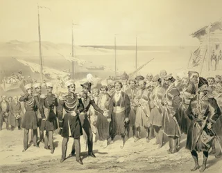 Landing van een militaire leider bij Redout-Kale aan de Zwarte Zee, plaat 5 uit een boek over de Kaukasus, gegraveerd door Adolphe Jean-Baptiste Bayot (1810-66), uitgegeven door Alfred Léon Lemercier, Parijs, 1847