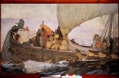Een reis van de Minoërs. Vertrokken om te varen voor de kust van Kreta.