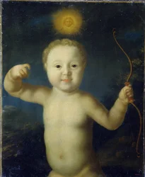 Portret van tsarevitsj Alexis Petrovitch van Rusland (1690-1718). Afgebeeld als baby in Eros, naakt met boog en omgeven door een zon in de nacht.