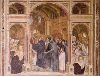 Kleding en doop van Augustinus, scène uit Verhalen van Sint Filippus en Sint Augustinus, door Guariento, fresco, Kerk van de Eremitani, Padua, Veneto, Italië