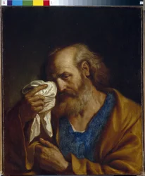 De heilige apostel Petrus. Portret van de discipel van Jezus die de tranen wegveegt die over zijn gezicht stromen. Schilderij van Giovanni Francesco Barbieri, genaamd Guercino (Il Guercino) (1591-1666)