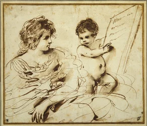 Een zittende Sibylle vergezeld door een putto met een groot beschreven tablet