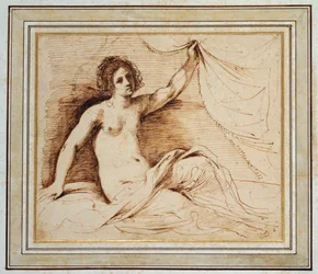 Een liggende naakte vrouw die een gordijn optilt