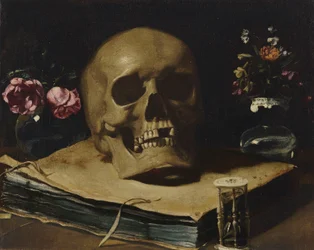 Guercino - Een vanitas stilleven met een schedel bovenop een boek, een zandloper en twee glazen vazen met bloemen
