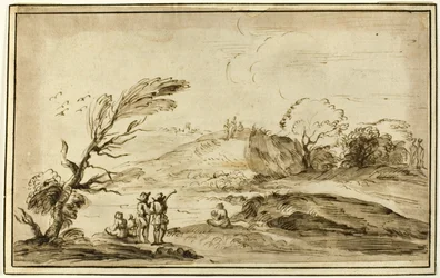 Twee groepen figuren in een landschap