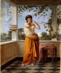 De vluchtelinge Jonge vrouw in een neoklassiek decor, een klein vogeltje ontsnapt uit zijn kooi en zit op haar arm. Schilderij door Guido Gonin (1833-1906)