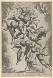 Een groep engelen die elkaar omarmen in de vlucht, omgeven door wolken