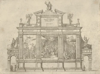 Gevel van een triomfmonument met drie scènes die de daden van paus Clemens VIII uitbeelden, een t..., 1598