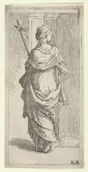 Meisje dat een kruis draagt en naar een pilaster stapt, van achteren gezien, ca. 1590-1600
