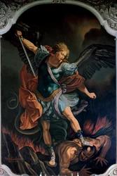 De Aartsengel Sint-Michael die de Draak verslaat, schilderij door V. M. De Girolamo (20e eeuw) naar Guido Reni. 1957