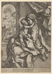 De Maagd zittend met het Christuskind op haar schoot die haar omhelst, Jozef gezien door..., ca. 1600-1613