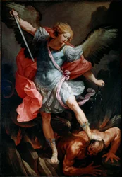 De aartsengel Sint Michael verplettert het hoofd van de demon Zijdeschilderij door Guido Reni, genaamd de Gids