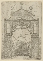 Triomfboog bedekt met loof met bereden troepen eronder, een tijdelijke decoratie voor de..., 1599