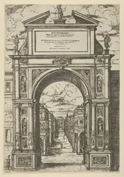 Triomfboog bekroond door een standbeeld dat de stad Bologna voorstelt, gebouwen gezien door