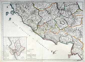 Historische kaart van de Italiaanse regio waar de Etrusken woonden na de Atlas van G. Delysle
