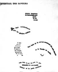 Calligram van Guillaume Apollinaire (1880-1918) met een gezicht: „De gebeurtenis van smaken“