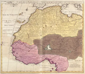 Kaart van Barbaria (Marokko, Algerije, Tunesië, Libië), Nigritude (Mali, Burkina Faso, Niger) en Guinee (Senegal, Guinee, Sierra Leone, Liberia, Ivoorkust, Ghana, Togo, Benin, Nigeria)