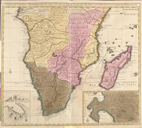 Kaart van Zuidelijk Afrika (Angola, Namibië, Zambia, Zimbabwe, Mozambique, Zuid-Afrika) met het eiland Madagaskar (ets)