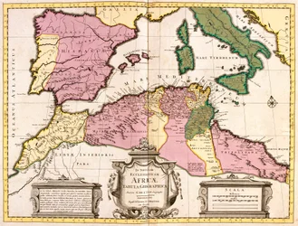Kaart van Noord-Afrika (Mauretanië, Marokko, Algerije, Tunesië, Libië) en Europa (Spanje, Portugal, Frankrijk, Italië, Griekenland met Balearen, Sardinië, Corsica en Sicilië) (ets)