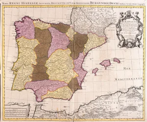 Kaart van het Iberisch Schiereiland, Koninkrijk Portugal en Spanje (ets)