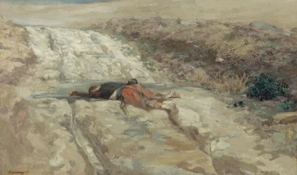 Scène van de oorlog van 1870: dode soldaat op een slagveld, ca. 1870
