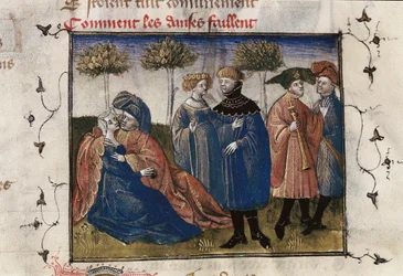 Een galante scène van hovelingen, miniatuur in "Roman de la Rose" door Guillaume Lorris