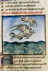 Dedalus en Icarus. Om aan Minos te ontsnappen, spoort Dedalus zijn zoon Icarus aan om weg te vliegen met zijn wasvleugels. Miniatuur door Guillaume Lorris uit het manuscript 
