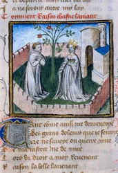 Voorstelling van een paar geliefden bij een roos, miniatuur in "Roman de la Rose"